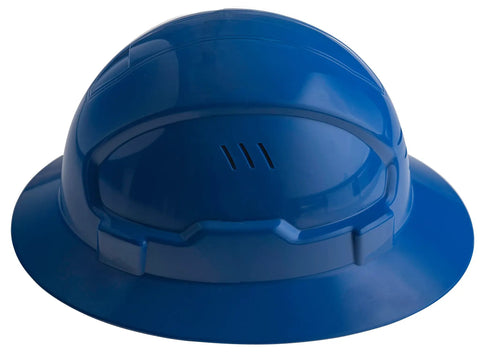 Solid Full Brim Hard Hat With ABS Construction And Ventilated Safety Design OSHA Approved Work Helmet Built Tough For All Day Comfort 6 Point Ratchet Suspension Chin Strap Sweatband Blue
