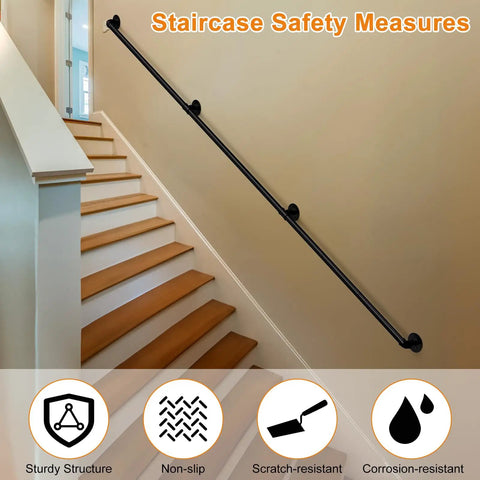 Badass Industrial Pipe Handrail For Indoor Or Outdoor Living Spaces Rock Solid Wall Mount Stair Rail in matte black finish.