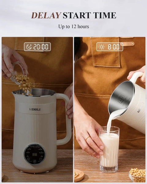 8 In One Nut Milk Maker And 32 Oz Self Cleaning Automatic Blender preparing plant milk and pouring into glass.