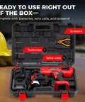 Automatic Rebar Tie Gun Cordless Electric Wire Twister Tool in case with batteries, wire coils, scissors, for 0.3-1.3 inch rebars