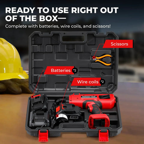 Automatic Rebar Tie Gun Cordless Electric Wire Twister Tool in case with batteries, wire coils, scissors, for 0.3-1.3 inch rebars