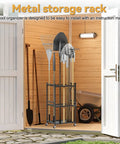 Beefy 35-Slot Steel Garden Tool Organizer With Rolling Wheels holding shovels and rakes in wooden shed, indoor outdoor black