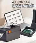 Top Shelf Wifi 802.11ac Wireless Network Module For Zebra Zd411 Zd611 Thermal Desktop Printers, shown with printer and WiFi module.
