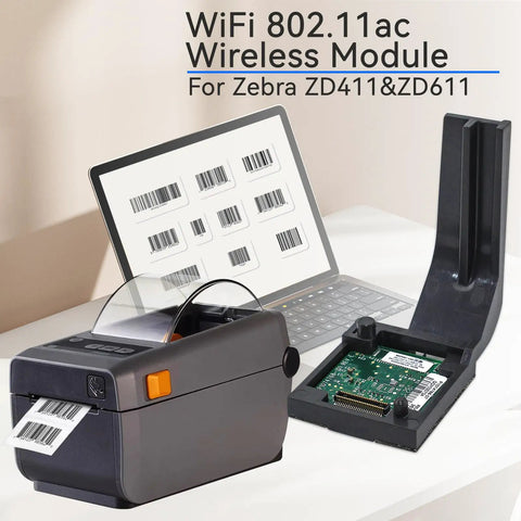 Top Shelf Wifi 802.11ac Wireless Network Module For Zebra Zd411 Zd611 Thermal Desktop Printers, shown with printer and WiFi module.
