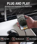 User holding a phone with 50 Foot USB C Borescope Camera With Built In Light in a sink, showing real-time plumbing view.