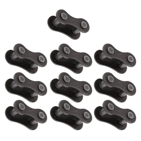 Beefy Heavy Duty Bike Chain Master Link 10 Pack Solid Steel Connector For Road And Mountain Cycles view of links on a white background.