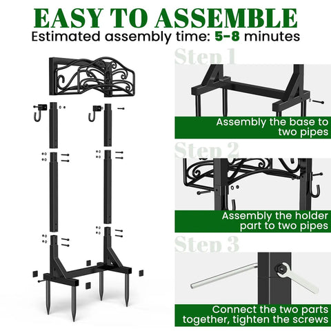 Freestanding Garden Hose Holder Stand With Heavy Duty Build, 2 Tool Hooks, Holds 150 Foot Water Hose, steps for easy assembly