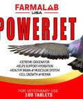 Packaging of Powerjet Pigeons Fly Time Booster Supplement For All Pigeons And Birds Farmalab Clear Formula Helps Extend Flight Time And Endurance For Training And Racing Performance