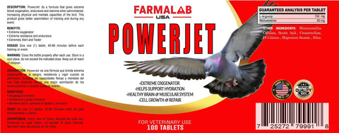 Packaging of Powerjet Pigeons Fly Time Booster Supplement For All Pigeons And Birds Farmalab Clear Formula Helps Extend Flight Time And Endurance For Training And Racing Performance