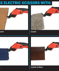 Professional Rechargeable Cordless Electric Scissors Featuring Quick Change Blades For Fabric Leather Cardboard Paper And Crafting Easy One Hand Grip Delivers Sweet Cuts Without Breaking A Sweat Glossy Red cutting through cardboard and fabric.