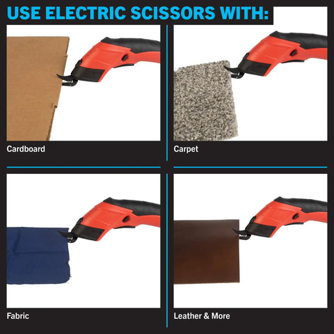 Professional Rechargeable Cordless Electric Scissors Featuring Quick Change Blades For Fabric Leather Cardboard Paper And Crafting Easy One Hand Grip Delivers Sweet Cuts Without Breaking A Sweat Glossy Red cutting through cardboard and fabric.