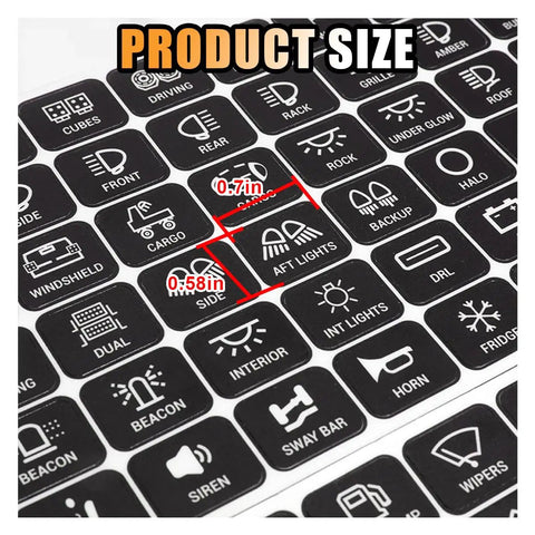 Close-up of 120 Piece Car Switch Panel Sticker Kit With 0.7 By 0.58 Inch Labels showing various auto dash decals.