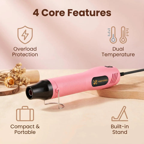 Compact Mini Heat Gun With Dual 482℉/662℉ Settings shown with core features like overload protection and dual temperature.