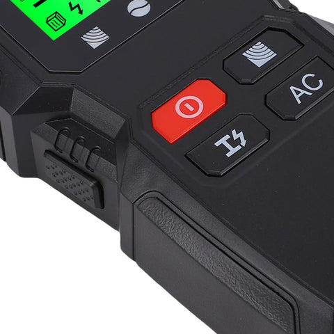 Close-up view of YDuupxe Wall Scanner 5 in 1 Wood Metal Wire Detection Tool buttons and display showing detection settings.