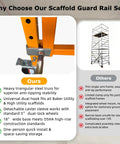 Heavy Duty Scaffold Outriggers Four Pack With Five Inch Lock Casters Built For Baker Style Frames Delivers Rock Solid Stability On An Extended Base Setup Handling A Thousand Pounds Of Load For Any Hardcore Job Site Hustle scaffold guard rail set comparison highlighting steel truss and caster features.