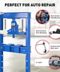 20 Ton Hydraulic Shop Press With H Frame For Auto Bending And Stamping Heavy Duty Adjustable Table And Press Plates Durable Car Workshop Tool In Blue Finish displayed with auto parts