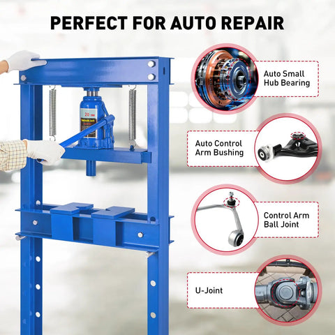 20 Ton Hydraulic Shop Press With H Frame For Auto Bending And Stamping Heavy Duty Adjustable Table And Press Plates Durable Car Workshop Tool In Blue Finish displayed with auto parts