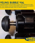 No Sweat Light Duty Aluminum Tripod For Point And Line Laser Levels Featuring Smooth Crank Elevation Sweet 24 To 58 Inch Height Range Flat Mounting Plate And Precision Bubble Vial close-up of integrated bubble vial for precise leveling.