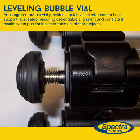No Sweat Light Duty Aluminum Tripod For Point And Line Laser Levels Featuring Smooth Crank Elevation Sweet 24 To 58 Inch Height Range Flat Mounting Plate And Precision Bubble Vial close-up of integrated bubble vial for precise leveling.