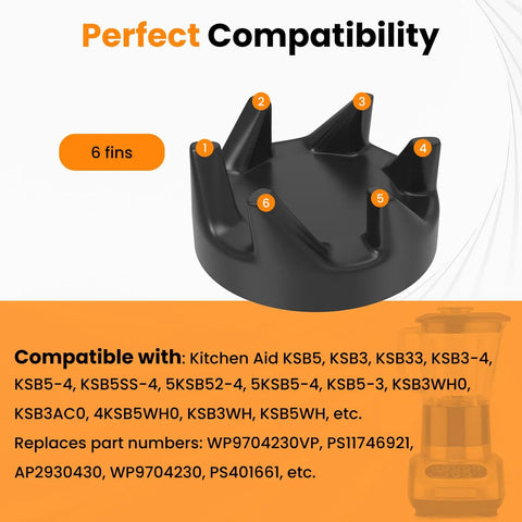 4 Pack Blender Coupler With Spanner Drive Kit Replacement Parts For Popular KitchenAid Blenders Like KSB5 And KSB3 Replaces WP9704230VP WP9704230 AP6013694 9704230 Includes Beefed Up Couplers, black 6-fin coupler