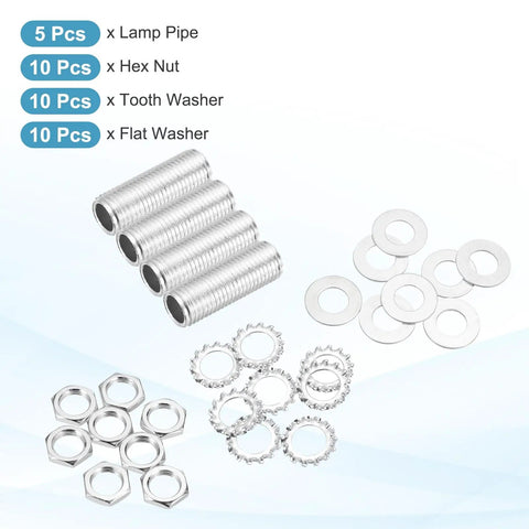 35 Piece Rock Solid Lamp Pipe Nipples Kit Featuring 1.4 Inch Silver Carbon Steel Threaded Rods showing hex nuts, washers, and lamp pipes.