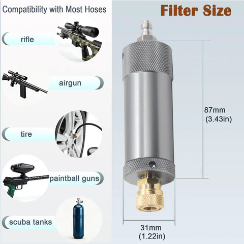 Beefed Up Heavy Duty Air Compressor Filter Dryer 4500 PSI 30 MPa Water Separator shown with size dimensions.