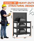 Sturdy Ultra Beefed Up Heavy Duty Workbench With Pegboard Mobile Locking Wheels And Adjustable Shelves For Garage Workshop Or Office 47.2 Inch High Shop Table In Black With Rugged Steel Frame Built To Tackle Heavy Tool Storage, showing model with tools