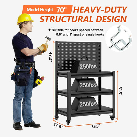 Sturdy Ultra Beefed Up Heavy Duty Workbench With Pegboard Mobile Locking Wheels And Adjustable Shelves For Garage Workshop Or Office 47.2 Inch High Shop Table In Black With Rugged Steel Frame Built To Tackle Heavy Tool Storage, showing model with tools