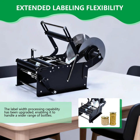 Wultek Precision Bottle Labeling Machine With Handle showcasing adjustable clamps for various bottle sizes on a table.