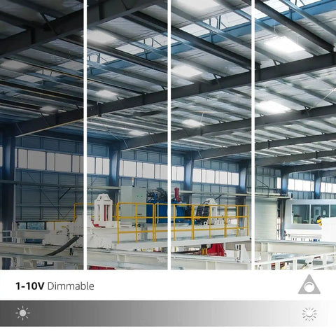 Warehouse ceiling with 2Ft Liner High Bay LED Shop Light 165W 23,100 Lm 5000K Daylight 110 Degree Beam 1-10V Dimmable