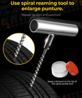 Pro Grade Tire Repair Kit With Plugs For Punctures And Flats, Heavy Duty Flat Tire Fix tool with spiral reamer near a tire.