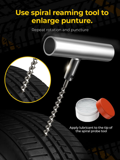 Pro Grade Tire Repair Kit With Plugs For Punctures And Flats, Heavy Duty Flat Tire Fix tool with spiral reamer near a tire.