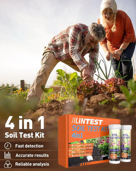 Two people testing soil in a garden with 4 In 1 Soil Test Kit For pH Nitrogen Phosphorus And Potassium, 40 Tests For Lawn Garden Yard Farm.