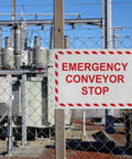 Built Tough Osha Emergency Conveyor Stop Sign Heavy Duty Weatherproof Plastic For Indoor Or Outdoor Use Uv Resistant Wall Mounted Industrial Safety Placard No Sweat Installation With Bold Warning Markings on fence.
