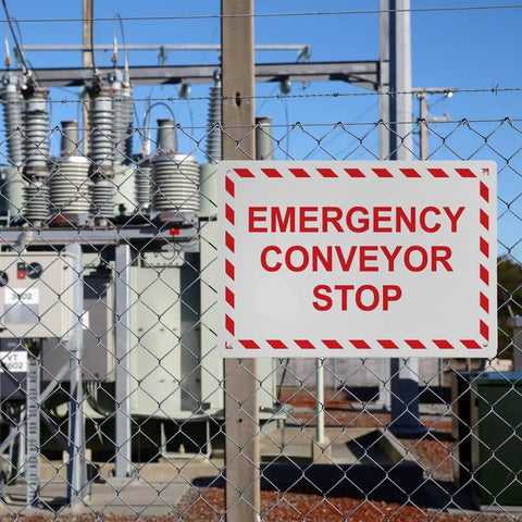 Built Tough Osha Emergency Conveyor Stop Sign Heavy Duty Weatherproof Plastic For Indoor Or Outdoor Use Uv Resistant Wall Mounted Industrial Safety Placard No Sweat Installation With Bold Warning Markings on fence.