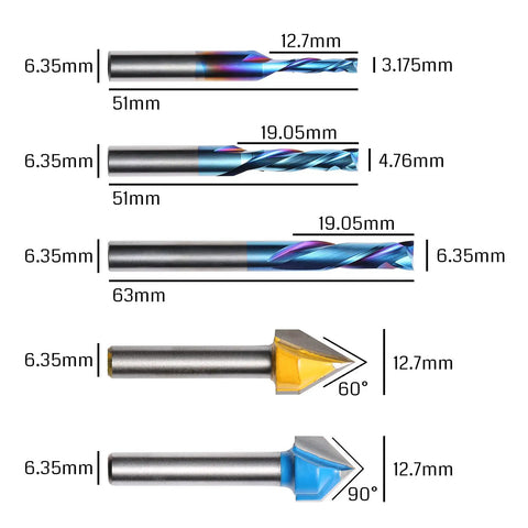 General Purpose CNC Router Bit Set One Quarter Inch Shank Nano Blue Coated Ten Piece Collection with size dimensions shown
