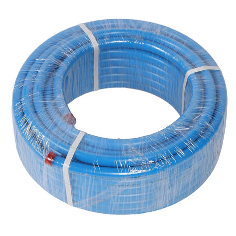 Three Layer HDPE Aluminum Shop Air Line Kit 3 4 Inch By 100 Feet, 200 PSI O Ring Sealed coil of blue tubing in plastic wrap