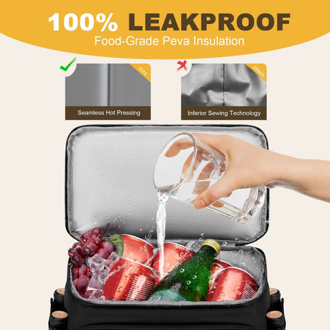 Person pouring water into open Beast 40 Can Insulated Cooler Backpack with food-grade PEVA insulation, showing leakproof feature.