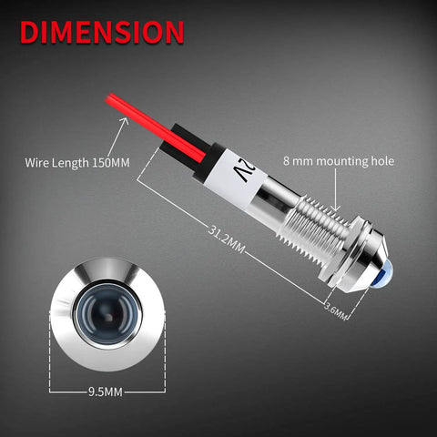 Dimensions of Tri Color 12V LED Indicator Light Kit Waterproof Metal Lamp With Wire Leads Red Blue Green 8mm Mount Holes