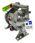 Heavy Duty 3/8 Double Air Diaphragm Pump Rock Solid Aluminum Body Teflon Valves Handles Chemical Waste Oil Paint Jobs Works Like A Champ Smooth Operator Design side view with metal body and red fittings.