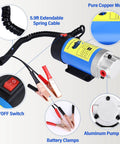 Smooth 12V Oil Extractor Pump For Quick Engine Oil Swaps with pure copper motor and battery clamps for easy connection.
