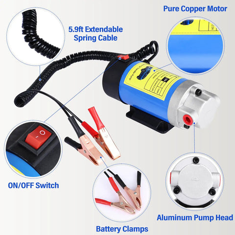 Smooth 12V Oil Extractor Pump For Quick Engine Oil Swaps with pure copper motor and battery clamps for easy connection.