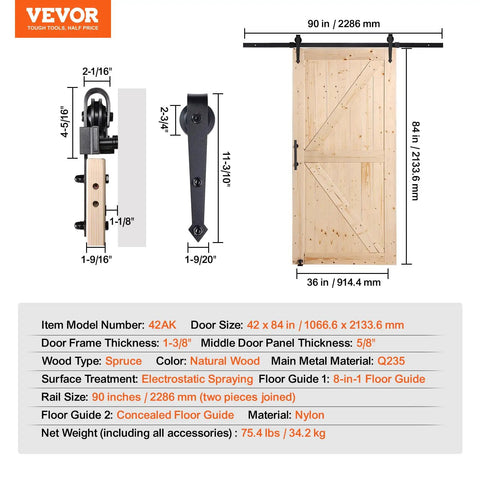 Badass 42X84 Inch Sliding Barn Door With Full 7Ft Hardware Kit And Glide Handle Solid Wood Core Panels diagram with dimensions.