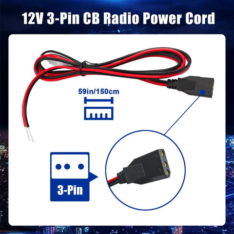 2-Wire CB Power Cable With 3 Pin Plug And 15A Fuse, 59 Inch Long Replacement CB Radio Power Cord, Beefy 16-Gauge Copper Wires