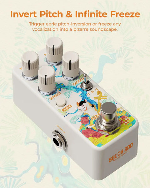 South Zoo Dope Voice Synth Pedal For Triple Voice Polyphonic Guitar Synthesis With Invert Pitch Follow Freeze Textures Lo-Fi Glitch And Wild Experimental Animal Sound Effects Shifter with colorful design.