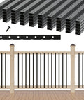 Rock Solid Black Aluminum Balusters 50 Pack 32 25 Inch Rust Proof Deck Spindles with screws and spacing jig above wooden railing.