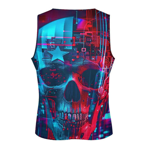 Mens Dope American Flag Skull Print Graphic Tank Top Quick Dry Sleeveless Muscle Shirt with bold skull design from the back.