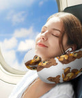 Woman using Bear Eating U Shaped Travel Pillow For Neck Support Comfy Memory Foam Fill on airplane seat