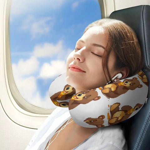 Woman using Bear Eating U Shaped Travel Pillow For Neck Support Comfy Memory Foam Fill on airplane seat