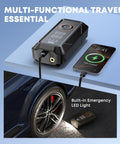 Portable Tire Inflator Air Compressor With Digital Pressure Gauge, Cordless 12V DC Pump showing design and emergency LED in use